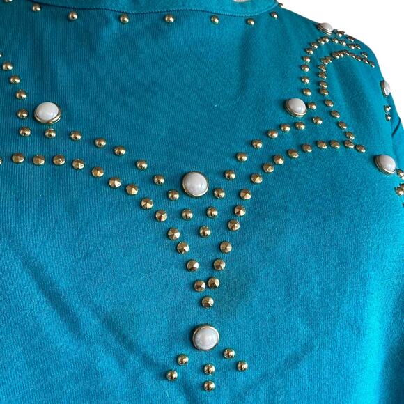 Vintage Top Womens Size Large Blue Western Retro Rhinestones Rodeo Cowgirl Work - Picture 2 of 7